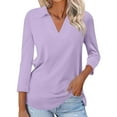 thumbnail image 1 of Cuekondy Purple Womens Blouses Women's 3/4 Sleeve T Shirts Summer V Neck Shirts Collared Casual Basic Tees Blouse Summer Tops Size M, 1 of 4