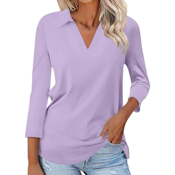 Cuekondy Purple Womens Blouses Women's 3/4 Sleeve T Shirts Summer V Neck Shirts Collared Casual Basic Tees Blouse Summer Tops Size XXL