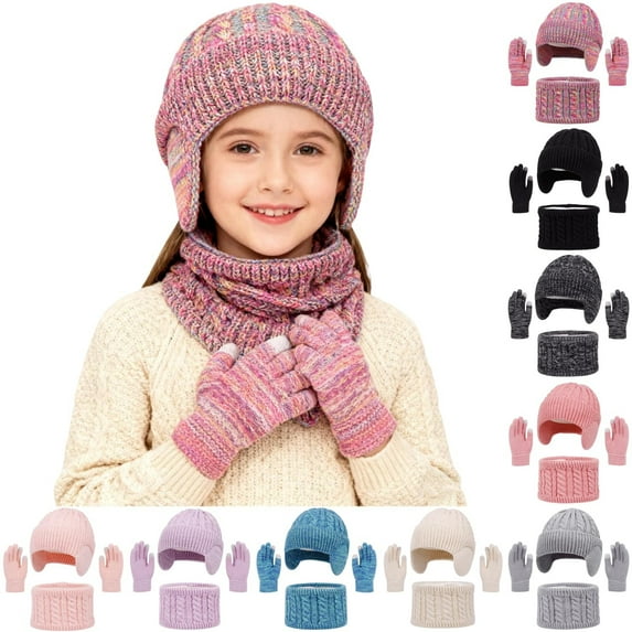 Cuekondy Scarf ,Hat,& Gloves for 3 Pcs Kids Winter Hat Gloves Scarf Set Toddler Knitted Beanie Hat Neck Warmer Mittens Fleece Lined Set for Boys and Girls Pink Scarf ,Hat,& Gloves