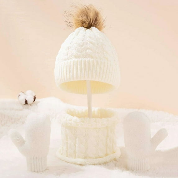 Cuekondy Scarf ,Hat,& Gloves for Winter Kids Hat Scarf Glove Set Knit Fleece Lined Neck Warmer Mittens for Toddler Boys Girls White Scarf ,Hat,& Gloves