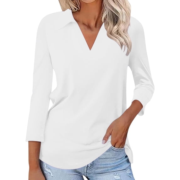 Cuekondy White Womens Blouses Women's 3/4 Sleeve T Shirts Summer V Neck Shirts Collared Casual Basic Tees Blouse Summer Tops Size M