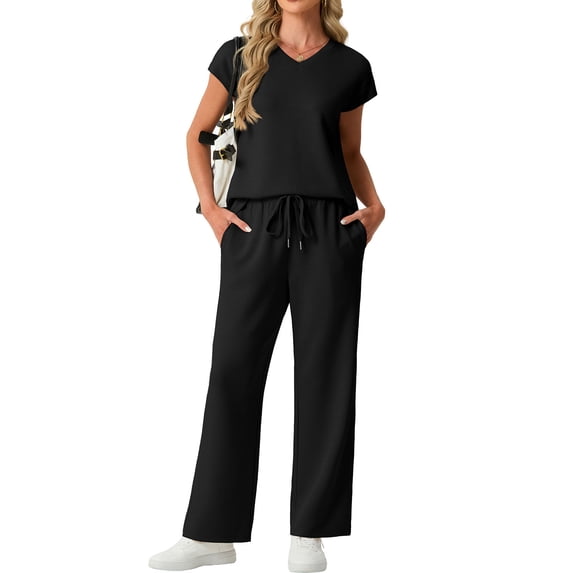 Cueply Two Piece Sets for Women Summer Casual Vacation Outfits Cap Sleeve Wide Leg Long Pants Lounge Sets