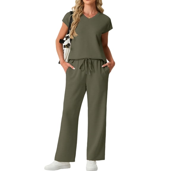 Cueply Two Piece Sets for Women Summer Casual Vacation Outfits Cap Sleeve Wide Leg Long Pants Lounge Sets