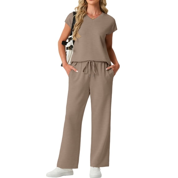 Cueply Two Piece Sets for Women Summer Casual Vacation Outfits Cap Sleeve Wide Leg Long Pants Lounge Sets