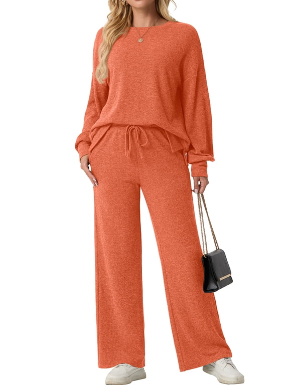 Two Piece Sets for Women Outfits Fall Lounge Set Sweatshirt Knit Pullover Sweater Tops Wide Leg Pants
