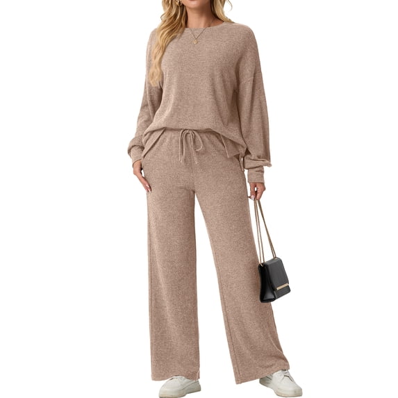 Cueply Two Piece Sets for Women Outfits Fall Lounge Set Sweatshirt Knit Pullover Sweater Tops Wide Leg Pants