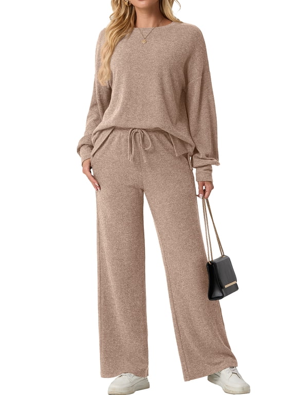 Two Piece Sets for Women Outfits Fall Lounge Set Sweatshirt Knit Pullover Sweater Tops Wide Leg Pants