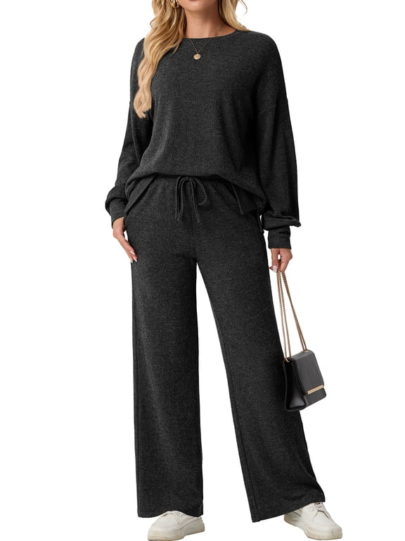Two Piece Sets for Women Outfits Fall Lounge Set Sweatshirt Knit Pullover Sweater Tops Wide Leg Pants