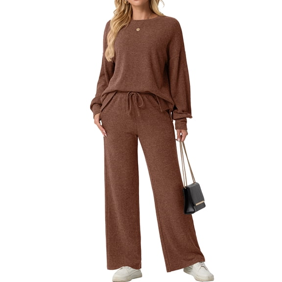 Cueply Two Piece Sets for Women Outfits Fall Lounge Set Sweatshirt Knit Pullover Sweater Tops Wide Leg Pants