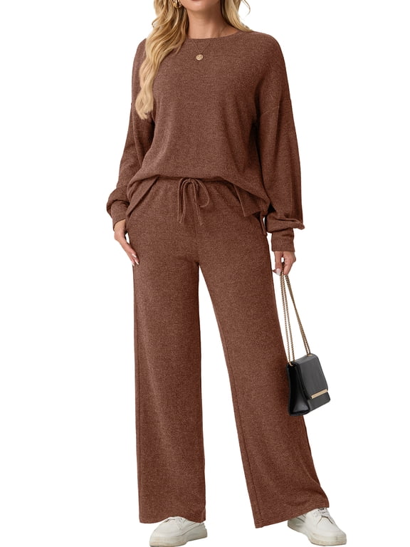Two Piece Sets for Women Outfits Fall Lounge Set Sweatshirt Knit Pullover Sweater Tops Wide Leg Pants