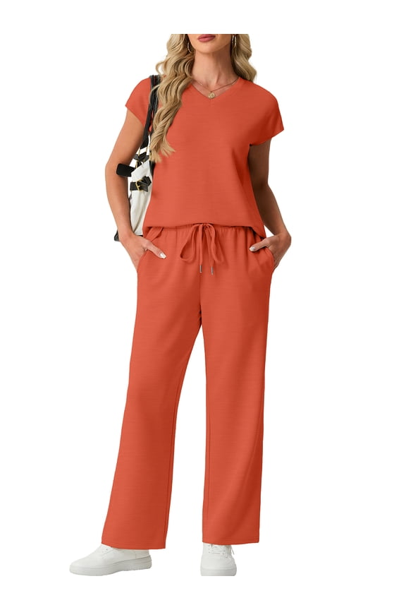 2 Piece Sets for Women Summer Casual Vacation Outfits Cap Sleeve Wide Leg Long Pants Lounge Sets