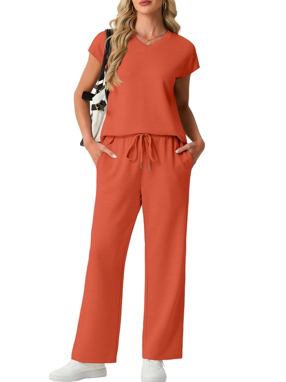 2 Piece Sets for Women Summer Casual Vacation Outfits Cap Sleeve Wide Leg Long Pants Lounge Sets