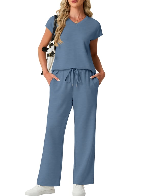 2 Piece Sets for Women Summer Casual Vacation Outfits Cap Sleeve Wide Leg Long Pants Lounge Sets