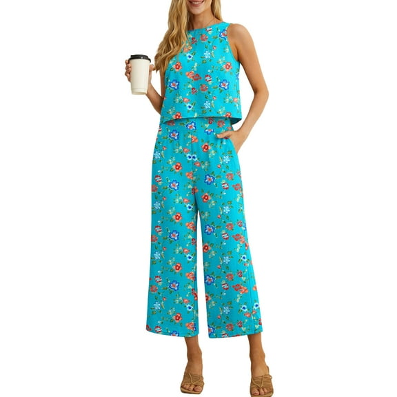 Cueply 2 Piece Sets for Women Summer Outfits Lounge Sets Sleeveless Crop Top Wide Leg Cropped Pants with Pockets