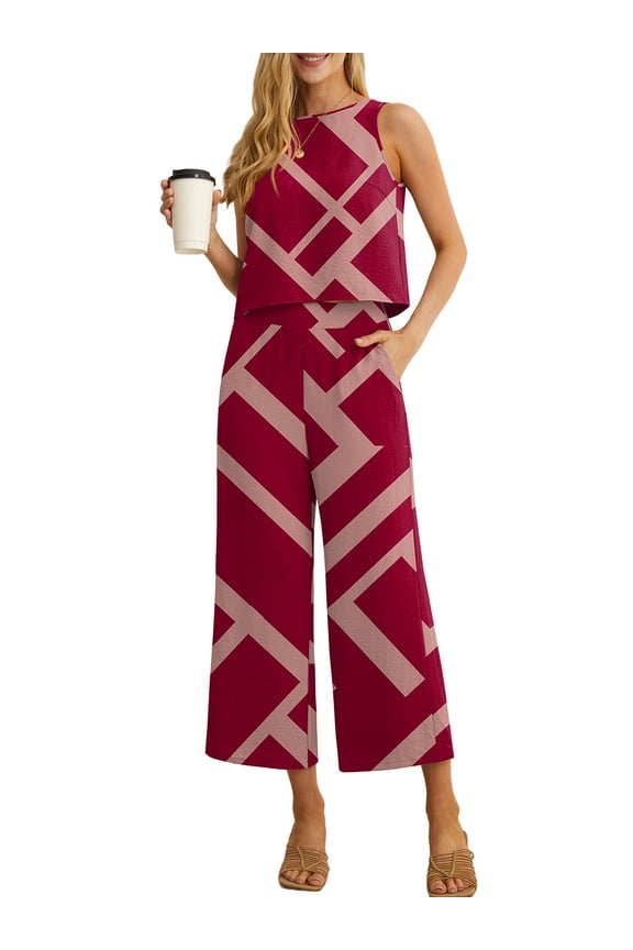 2 Piece Sets for Women Summer Outfits Lounge Sets Sleeveless Crop Top Wide Leg Cropped Pants with Pockets