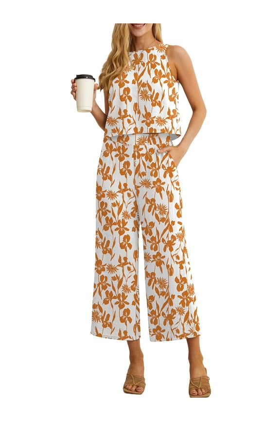2 Piece Sets for Women Summer Outfits Lounge Sets Sleeveless Crop Top Wide Leg Cropped Pants with Pockets