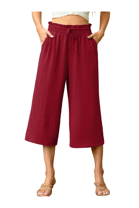 Womens Capri Pants Casual Loose Cropped Pants Summer Wide Leg Palazzo Capris with Drawstring Pockets