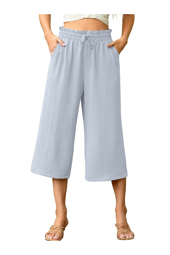 Womens Capri Pants Casual Loose Cropped Pants Summer Wide Leg Palazzo Capris with Drawstring Pockets