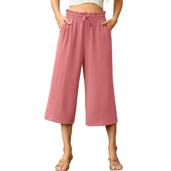 Cueply Womens Capri Pants Casual Loose Cropped Pants Summer Wide Leg Palazzo Capris with Drawstring Pockets