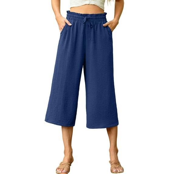 Cueply Capri Pants for Women Casual Loose Cropped Pants Summer Wide Leg Palazzo Capris with Drawstring Pockets