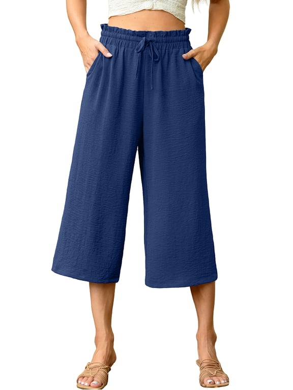 Capri Pants for Women Casual Loose Cropped Pants Summer Wide Leg Palazzo Capris with Drawstring Pockets