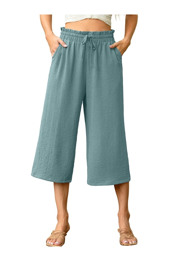 Womens Capri Pants Casual Loose Cropped Pants Summer Wide Leg Palazzo Capris with Drawstring Pockets
