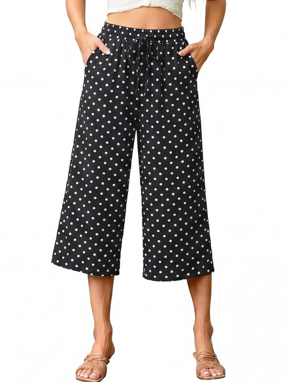 Womens Capri Pants Casual Loose Cropped Pants Summer Wide Leg Palazzo Capris with Drawstring Pockets
