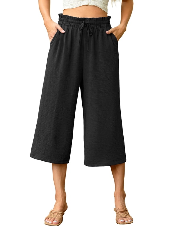 Capri Pants for Women Casual Loose Cropped Pants Summer Wide Leg Palazzo Capris with Drawstring Pockets