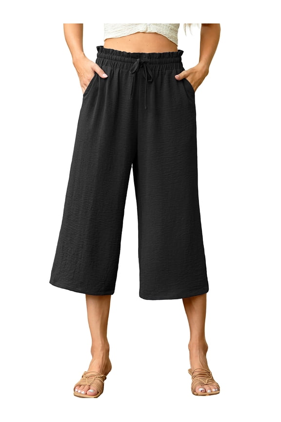 Capri Pants for Women Casual Loose Cropped Pants Summer Wide Leg Palazzo Capris with Drawstring Pockets