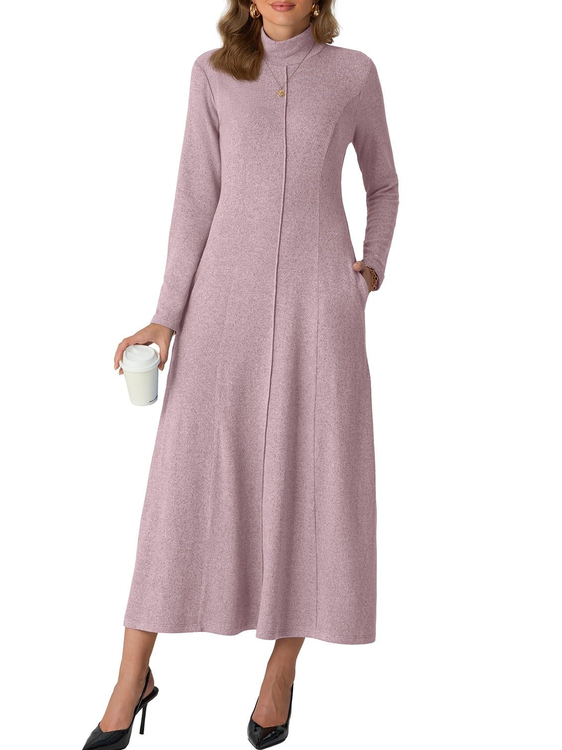 Cueply Dresses for Women Casual Long Sleeve Fall Spring Mock Neck Pullover Long Dresses with Pockets
