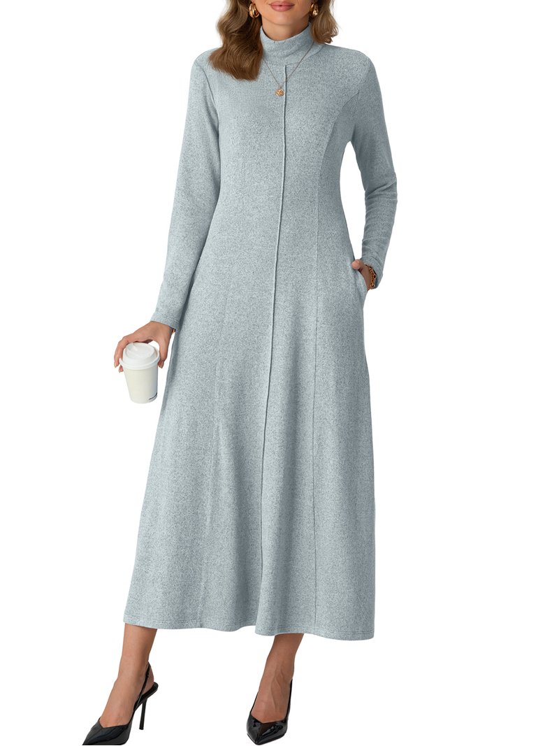Cueply Dresses for Women Casual Long Sleeve Fall Spring Mock Neck Pullover Long Dresses with Pockets