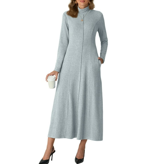 Cueply Dresses for Women Casual Long Sleeve Fall Spring Mock Neck Pullover Long Dresses with Pockets