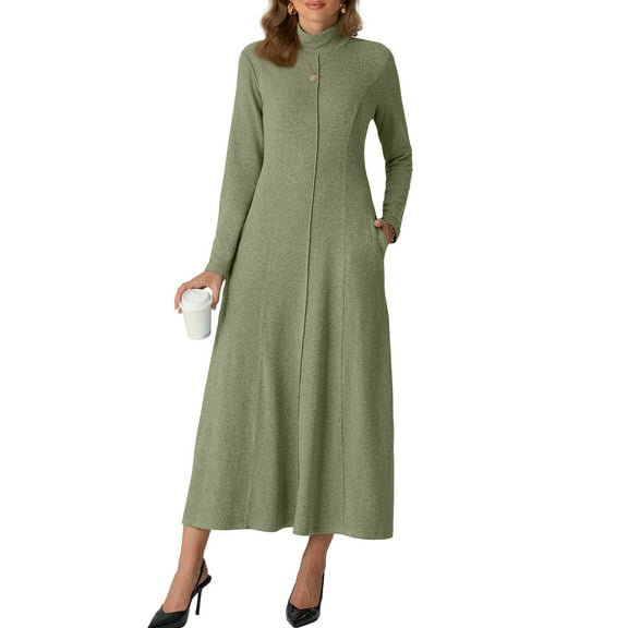 Cueply Dresses for Women Casual Long Sleeve Fall Spring Mock Neck Pullover Long Dresses with Pockets