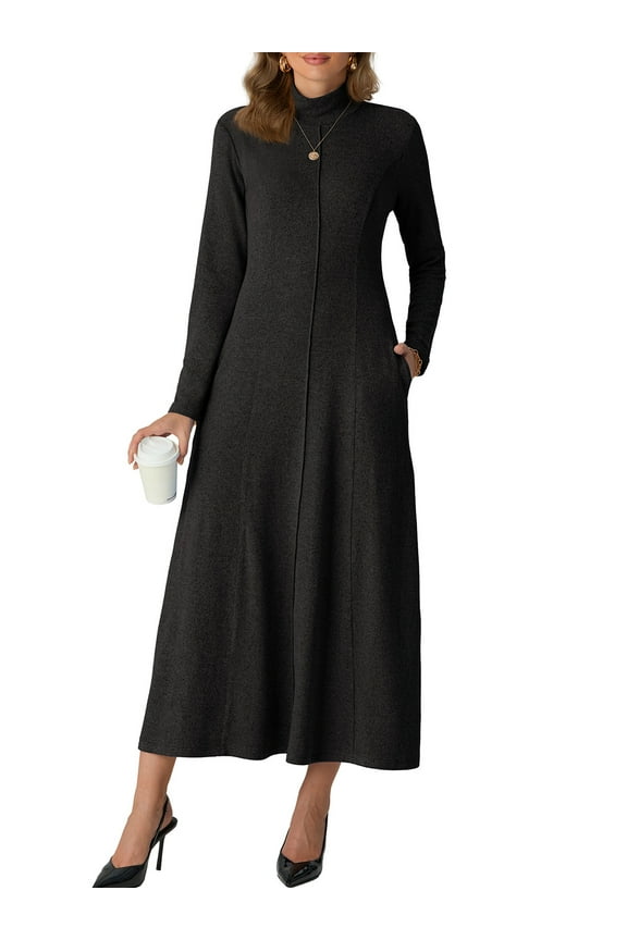 Dresses for Women Casual Long Sleeve Fall Spring Mock Neck Pullover Long Dresses with Pockets