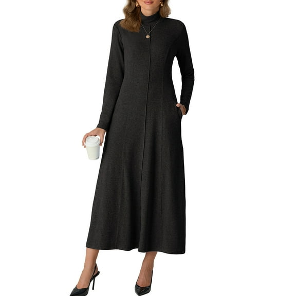 Cueply Dresses for Women Casual Long Sleeve Fall Spring Mock Neck Pullover Long Dresses with Pockets