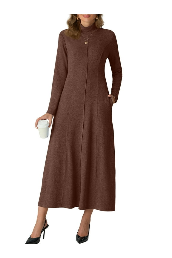 Dresses for Women Casual Long Sleeve Fall Spring Mock Neck Pullover Long Dresses with Pockets