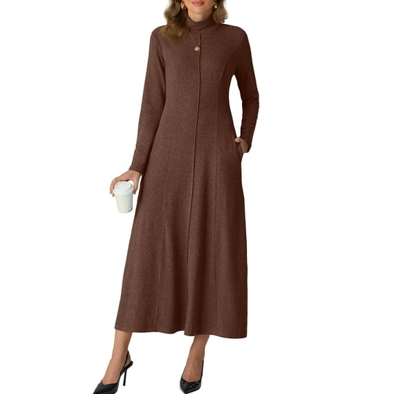 Cueply Dresses for Women Casual Long Sleeve Fall Spring Mock Neck Pullover Long Dresses with Pockets