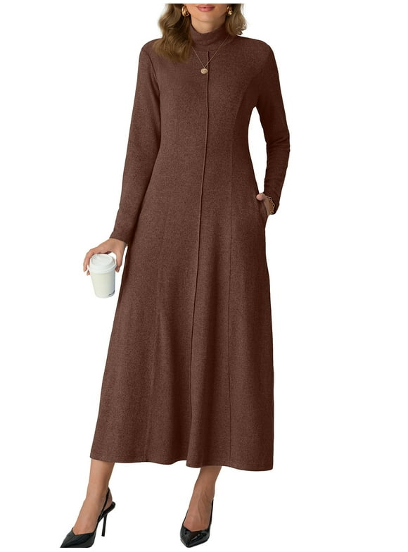 Dresses for Women Casual Long Sleeve Fall Spring Mock Neck Pullover Long Dresses with Pockets