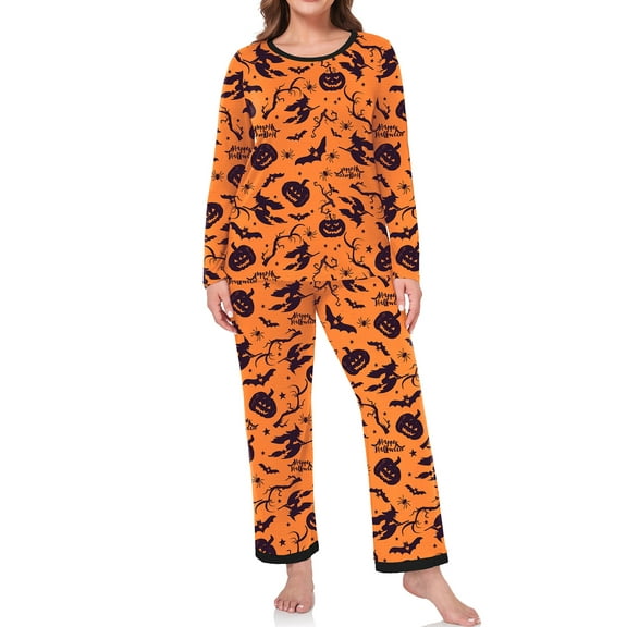 Cueply Halloween Pumpkin Womens Plus Size Pajamas Long Sleeve Pjs Sets Loungewear Sleepwear 1X-4X