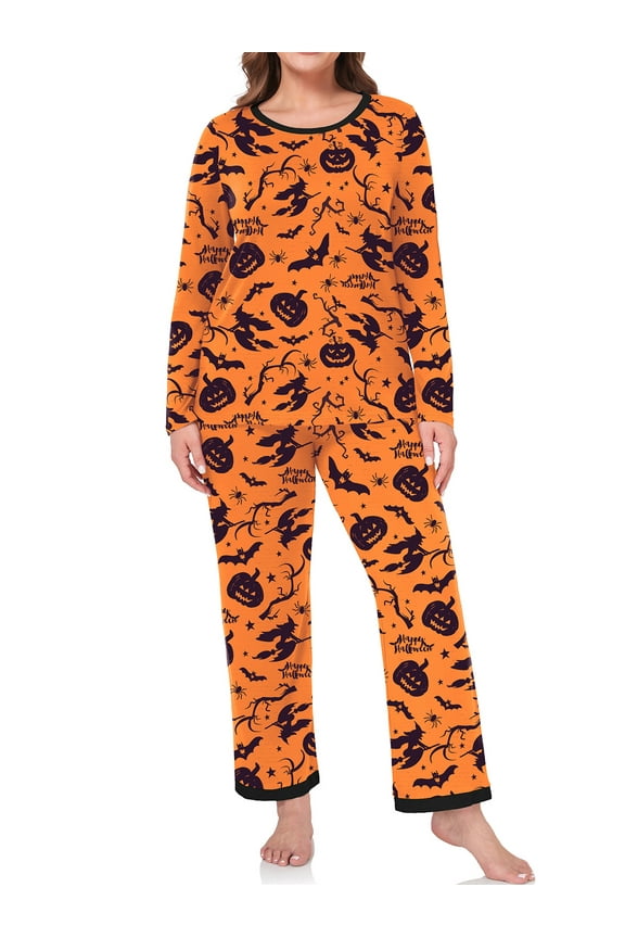 Halloween Pumpkin Womens Plus Size Pajamas Long Sleeve Pjs Sets Loungewear Sleepwear 1X-4X