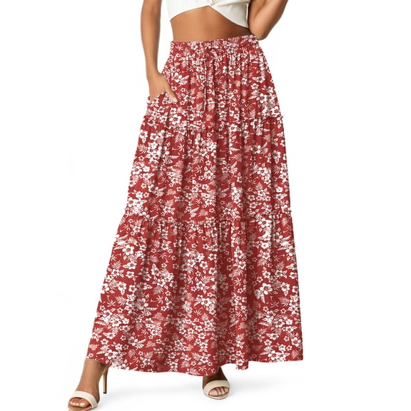 Cueply Long Skirts for Women Pleated Elastic High Waist drawstring Tiered Maxi Skirt with Pockets