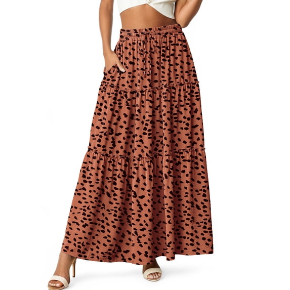 Cueply Long Skirts for Women Pleated Elastic High Waist drawstring Tiered Maxi Skirt with Pockets