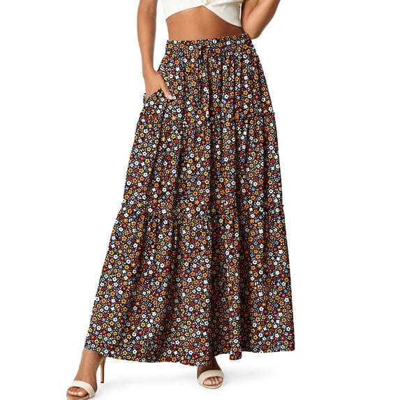 Cueply Long Skirts for Women Pleated Elastic High Waist drawstring Tiered Maxi Skirt with Pockets