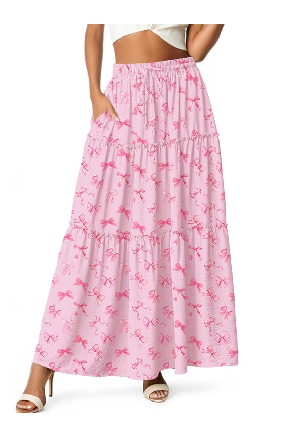 Long Skirts for Women Pleated Elastic High Waist drawstring Tiered Maxi Skirt with Pockets