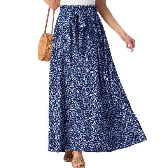Cueply Long Skirts for Women Summer Maxi Skirt Elastic High Waist Tie Fashion Beach Dress with Pockets