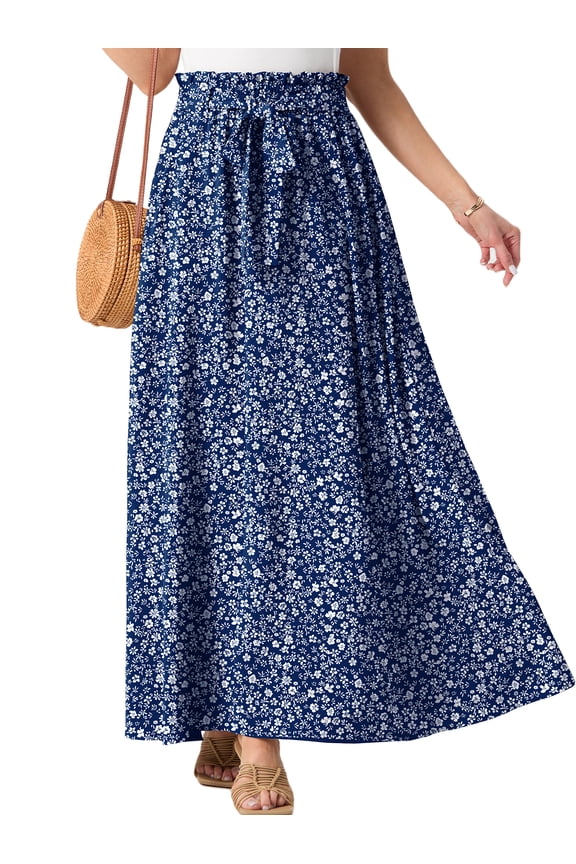 Long Skirts for Women Summer Maxi Skirt Elastic High Waist Tie Fashion Beach Dress with Pockets