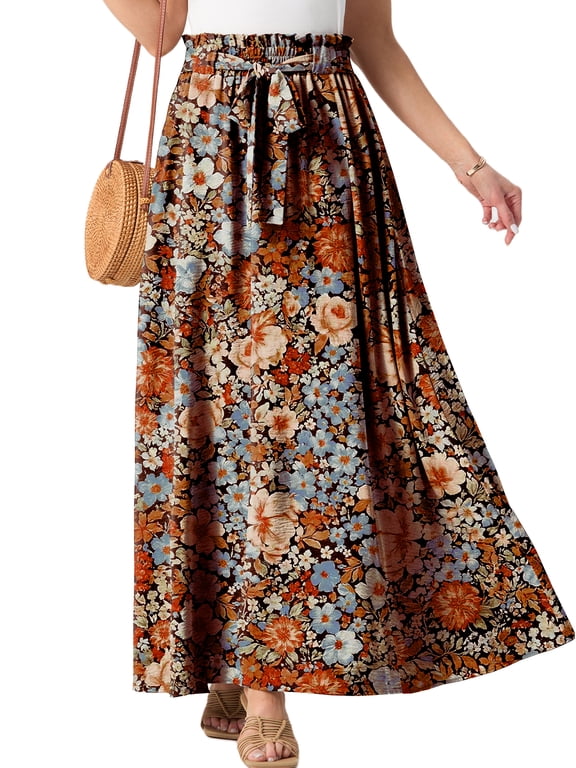 Long Skirts for Women Summer Maxi Skirt Elastic High Waist Tie Fashion Beach Dress with Pockets