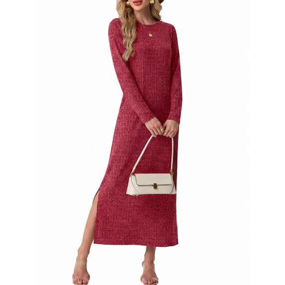 Cueply Long Sleeve Dress for Women Fall Wedding Guest Cocktail Maxi Dresses Split Elegant Ribbed Knit Winter Dress with Pockets