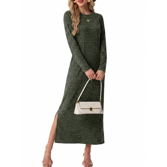 Cueply Long Sleeve Dress for Women Fall Wedding Guest Cocktail Maxi Dresses Split Elegant Ribbed Knit Winter Dress with Pockets