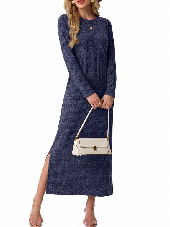 Long Sleeve Dress for Women Fall Wedding Guest Cocktail Maxi Dresses Split Elegant Ribbed Knit Winter Dress with Pockets